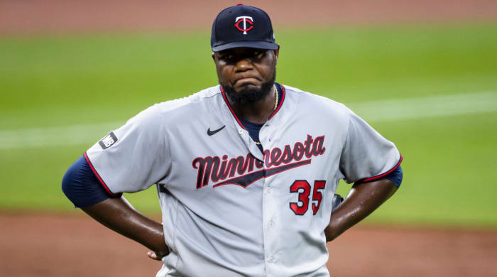 Jun 1, 2021; Baltimore, Maryland, USA; Minnesota Twins starting pitcher Michael Pineda (35) reacts after giving up a run against the Baltimore Orioles during the third inning at Oriole Park at Camden Yards.